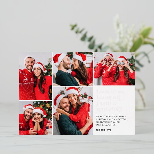 Grappig Kijk ons 5 Fotocollage Kerstmis Folie Feestdagenkaart (Staand Voorkant)