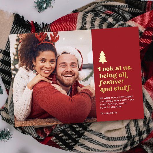 Grappig kijk ons feestelijke kerstfoto folie feestdagenkaart