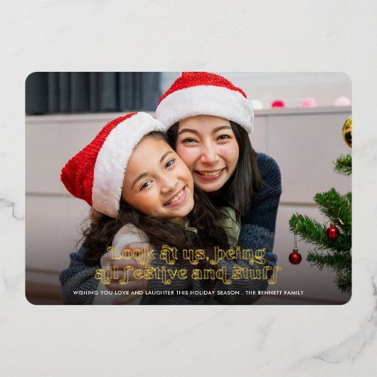 Grappig kijk ons kerst volledige foto | Rood Folie Feestdagenkaart (Voorkant)