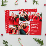 Grappig kijk op ons 5 foto collage kerstvakantie feestdagenkaart<br><div class="desc">Deze grappige vakantiekaart met vijf collages heeft een retro-stijl typografie met de tekst: "Kijk naar ons, we zijn allemaal feestelijk en zo." Don die kerstmutsen, rendieren gewei, lelijke truien, of andere duidelijke kerst kleding en accessoires. Maak dan wat foto's. Upload je favorieten, en, voila - je hebt jezelf een vakantiekaart...</div>