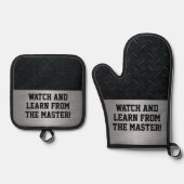 Grappig kijken en leren koken grap ovenwant & pannenlap set (Voorkant)