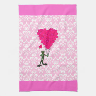 Grappig kikker cartoon en roze hart op vouw theedoek