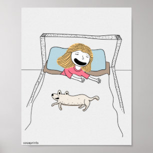 Grappig kinder poster meisje en hond samen in bed