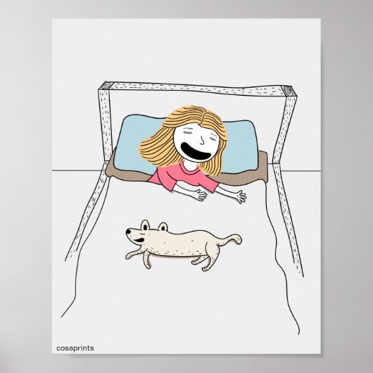 Grappig kinder poster meisje en hond samen in bed (Voorkant)