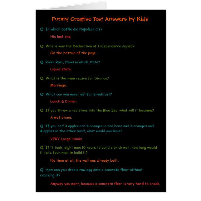 Grappig Kinder Test Answers Kaart om een glimlach  (Voorkant)