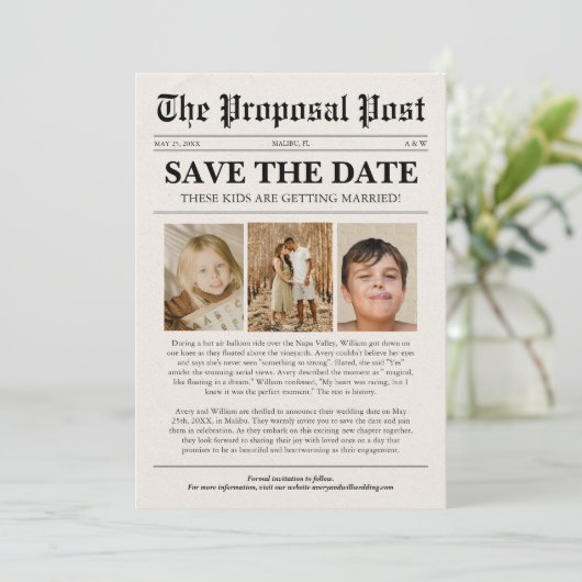 Grappig Kinder trouwkrant Save the Date Kaart (Staand voorkant)