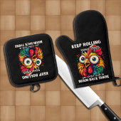 Grappig kip rollend oog citaat ovenwant & pannenlap set