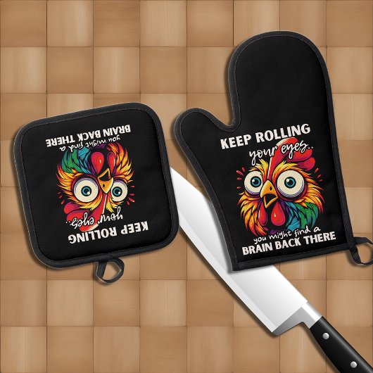 Grappig kip rollend oog citaat ovenwant & pannenlap set