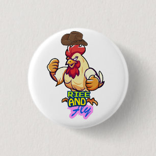 Grappig Kippen 'Sta op en Vlieg' T-Shirt Ronde Button 3,2 Cm