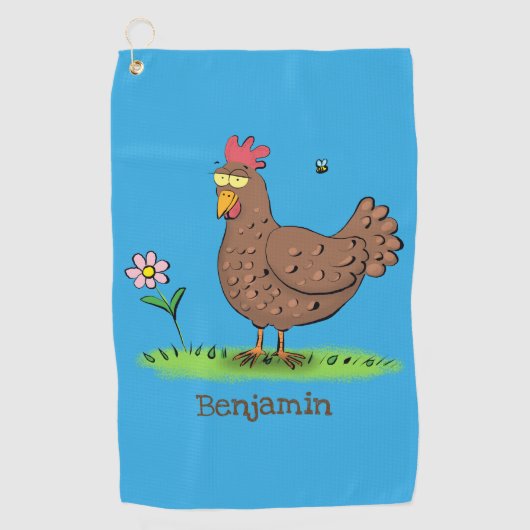 Grappig kippenbijtende witte cartoon golfhanddoek (Voorkant)