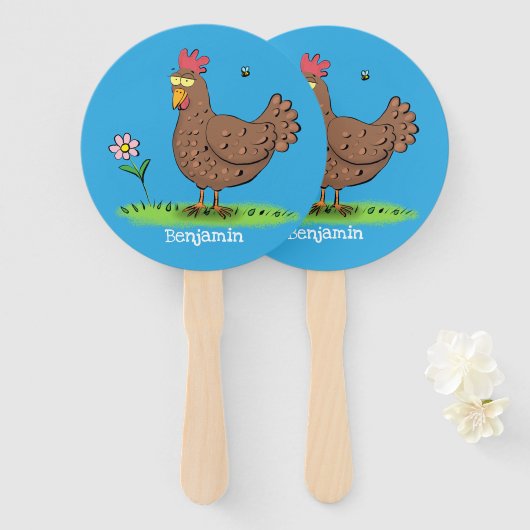 Grappig kippenbijtende witte cartoon handwaaier (Voorkant en achterkant)