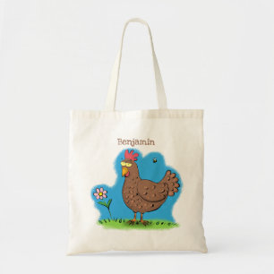 Grappig kippenbijtende witte cartoon tote bag