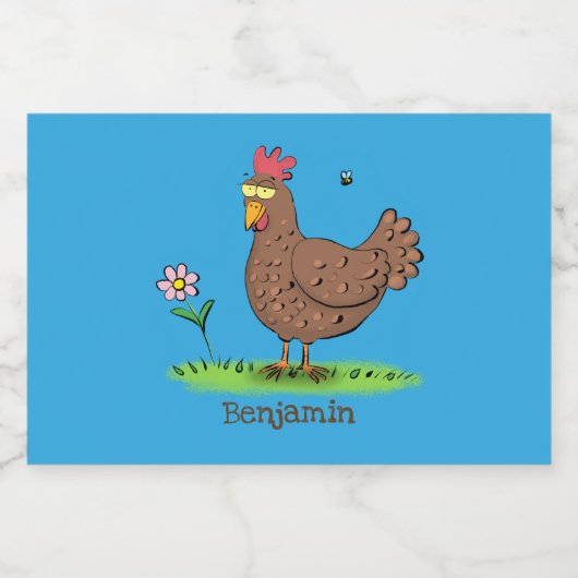 Grappig kippenbijtende witte cartoon voedselcontainer etiket (Enkel label)