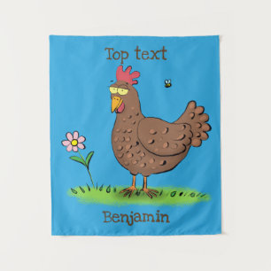 Grappig kippenbijtende witte cartoon wandkleed