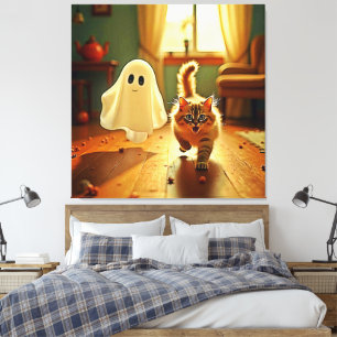 Grappig Kitten Spooky Friend Design Canvas Afdruk