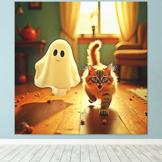Grappig Kitten Spooky Friend Design Canvas Afdruk (Insitu (Houten vloer))