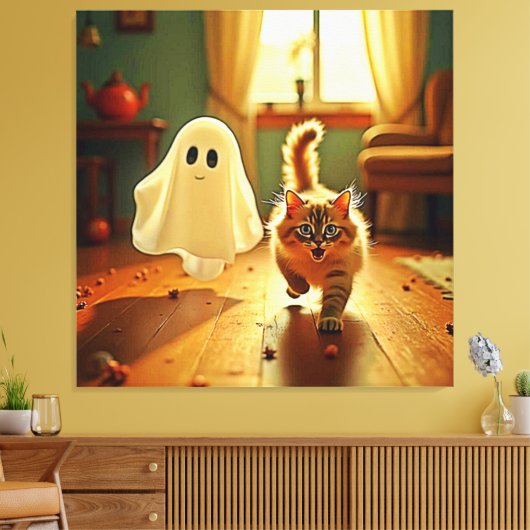 Grappig Kitten Spooky Friend Design Canvas Afdruk (Insitu (Woonkamer))