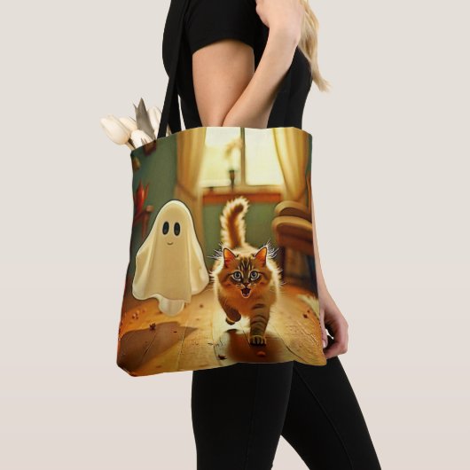 Grappig Kitten Spooky Friend Design Tote Bag (Dichtbij)
