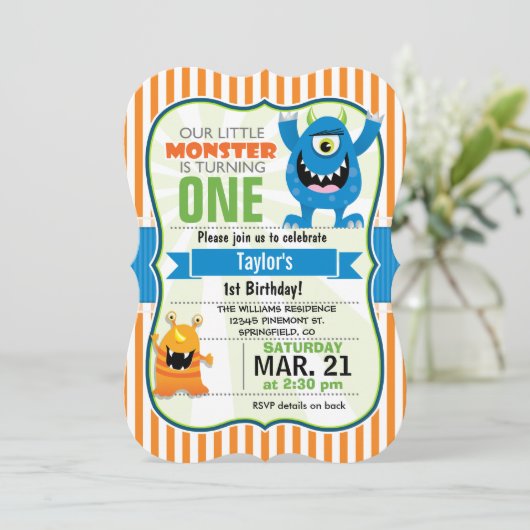 Grappig klein monster verjaardagsfeestje kaart (Staand voorkant)