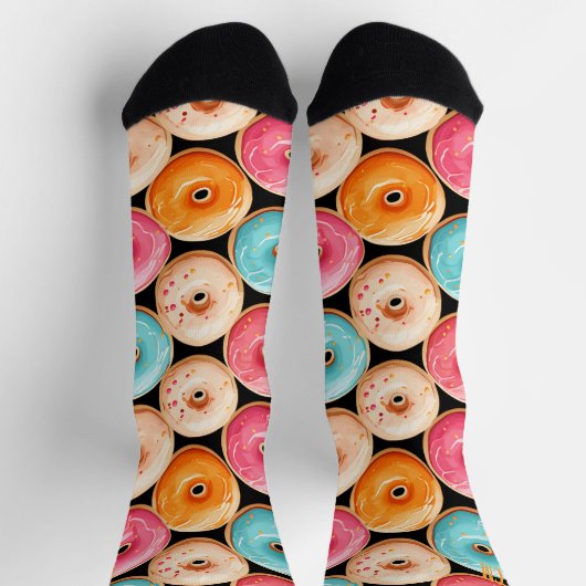 Grappig Kleurrijk Donut Patroon Zwart Naam Monogra Sokken (Top)