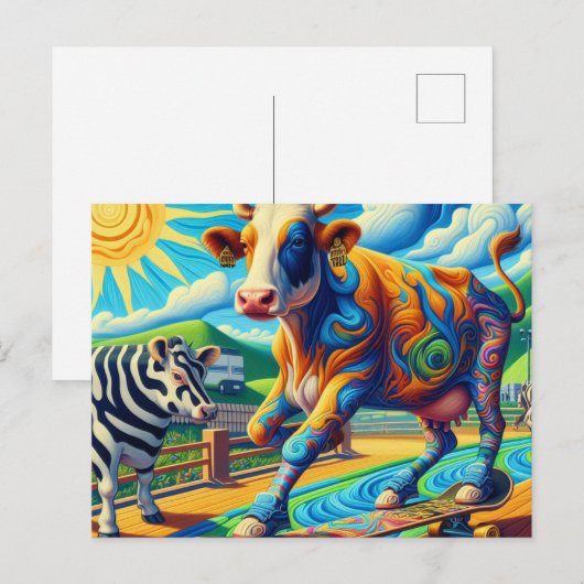 Grappig kleurrijk Koe skateboarden Briefkaart (Voorkant / Achterkant)
