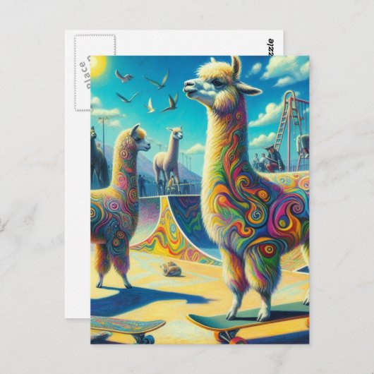 Grappig Kleurrijk Skateboarden Alpaca Briefkaart (Voorkant / Achterkant)