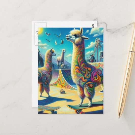 Grappig Kleurrijk Skateboarden Alpaca Briefkaart (Voorkant / Achterkant in situ)