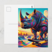 Grappig Kleurrijk Surreal Rhino Skateboarden Briefkaart (Voorkant / Achterkant)