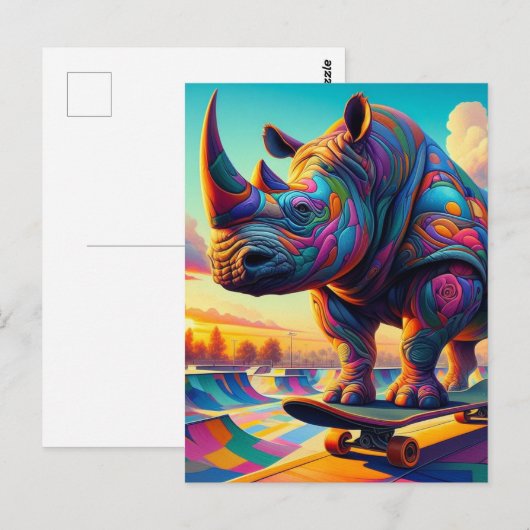 Grappig Kleurrijk Surreal Rhino Skateboarden Briefkaart (Voorkant / Achterkant)