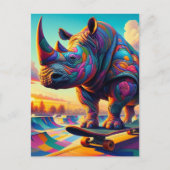 Grappig Kleurrijk Surreal Rhino Skateboarden Briefkaart (Voorkant)