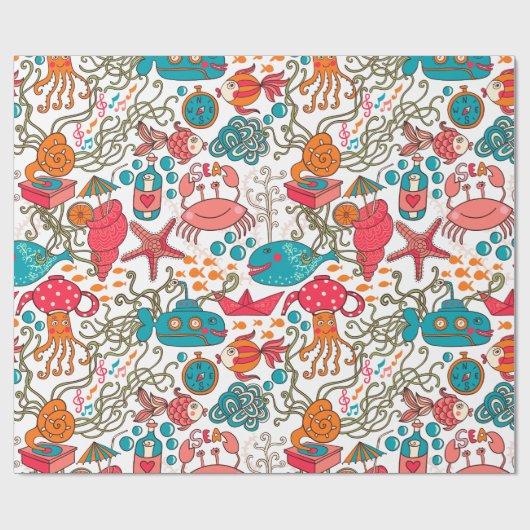 Grappig kleurrijk Zee-Life illustratiepatroon Cadeaupapier (Vlak)