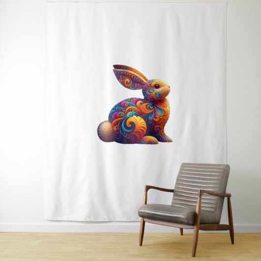 Grappig Kleurrijke Bunny Konijn Fractal Kosmische Wandkleed (In situ)