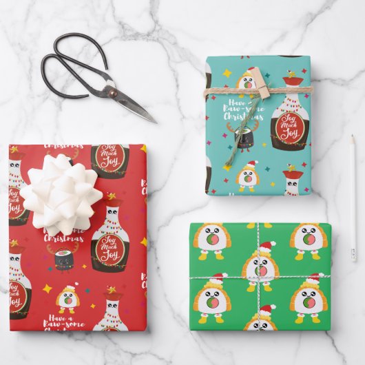 Grappig Kleurrijke Kawaii Sushi Vrolijk Kerstfeest Inpakpapier Vel (Voorkant)