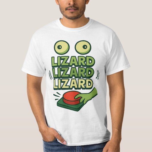 Grappig Knipperend Groen Hagedis die op Button dru T-shirt (Voorkant)