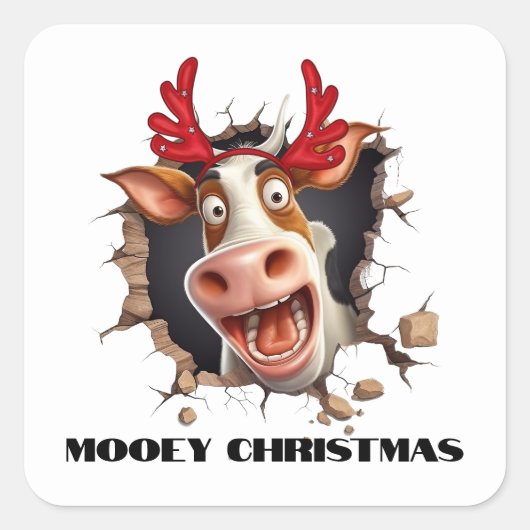 Grappig koe gezicht kerst cartoon mooey xmas vierkante sticker (Voorkant)