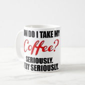 Grappig koffie-mok met rode en zwarte tekst koffiemok (Voorkant links)