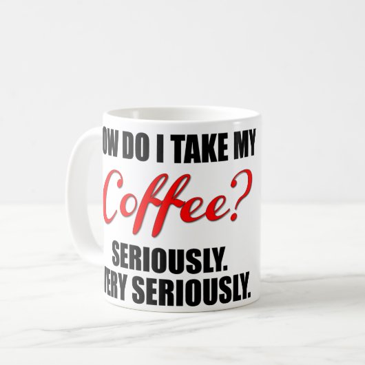 Grappig koffie-mok met rode en zwarte tekst koffiemok (Voorkant links)