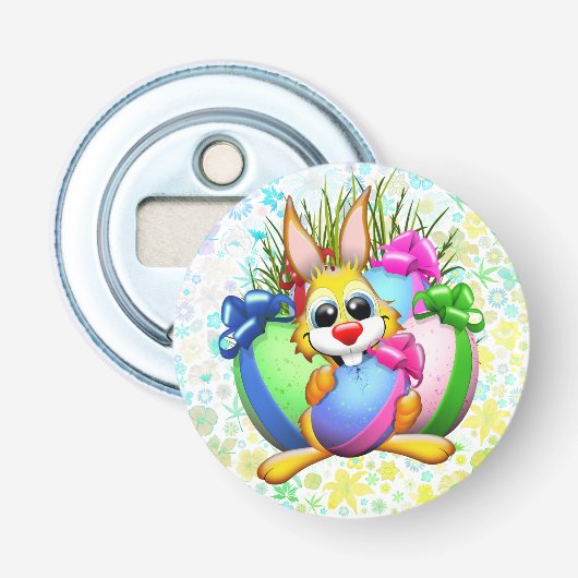 Grappig konijn bijt in een paasei button flesopener (Voorkant)