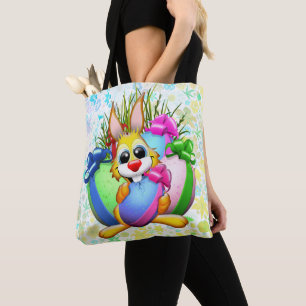 Grappig konijn bijt in een paasei tote bag