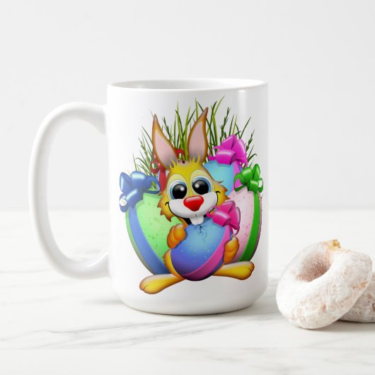 Grappig konijn dat een paasei bijt koffiemok (Met donut)