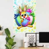 Grappig konijn dat een paasei bijt poster (Thuiskantoor)