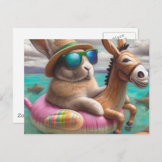 Grappig konijn in een ezel Float digitale kunst Briefkaart (Voorkant / Achterkant)