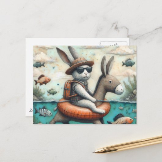 Grappig konijn in een ezel Float digitale kunst Briefkaart (Voorkant / Achterkant in situ)
