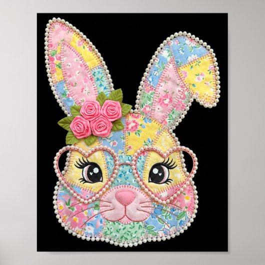 Grappig konijnengezicht bril bloemrijke patchwork poster (Voorkant)
