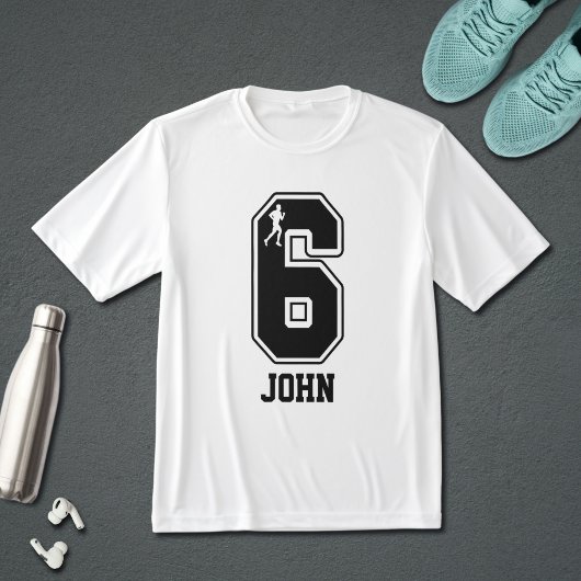 Grappig koppel met nummer 6 hardloopset met eigen t-shirt