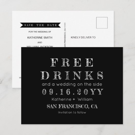 Grappig Krijtbord Gratis Drinken Trouwen Save the  Aankondigingskaart (Voorkant / Achterkant)
