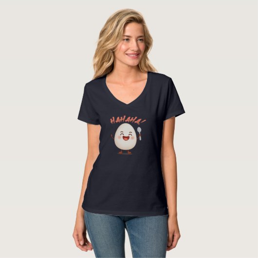 Grappig Lachend Ei Cartoon Dames V-Hals T-Shirt (Voorkant volledig)
