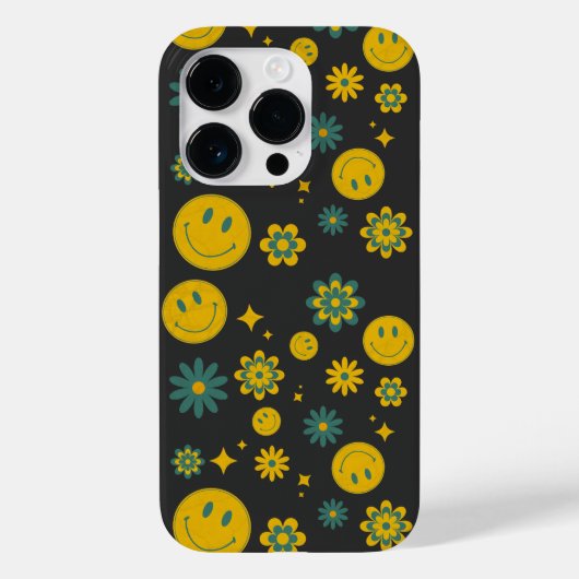 grappig lachend gezicht en groovy bloemen Case-Mate iPhone case (Achterkant)
