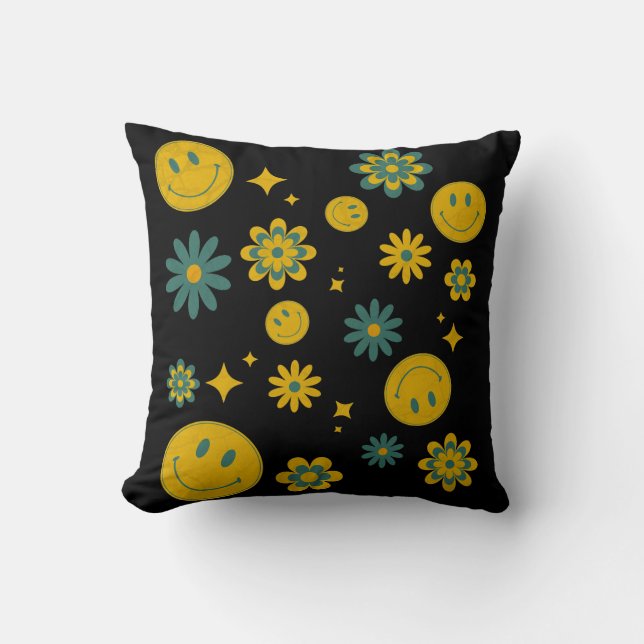 grappig lachend gezicht en groovy bloemen kussen (Voorkant)