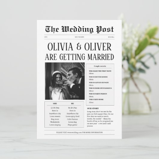 Grappig lang verhaal kort huwelijk save the date (Staand voorkant)